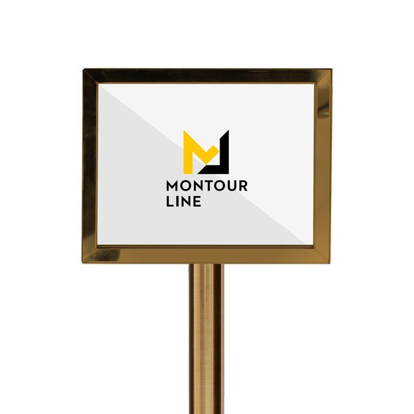 Montour Line SignFrame Floor Standing 8.5x11H Satin Brass PLEASE WAIT NEXT CASHIER FSE200-8511-H-SB-PLSWAITCASH